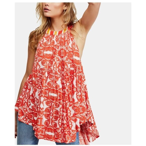 Free People Tops - Free People Mimi High-Low Halter Tunic Top MED Orange Boho Festival Linen Blend